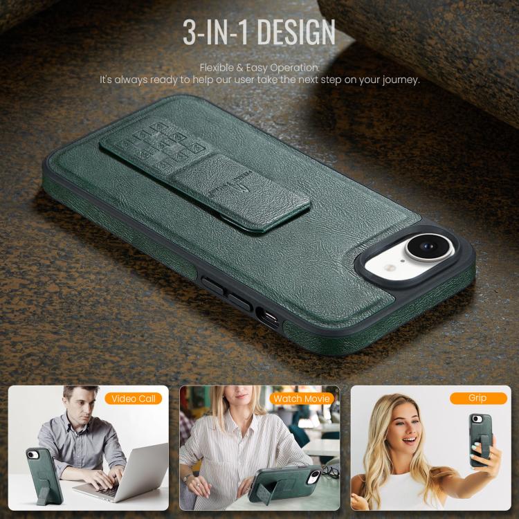 For iPhone 16e Fierre Shann Oil Wax Cow Leather Holder Back Phone Case(Green)