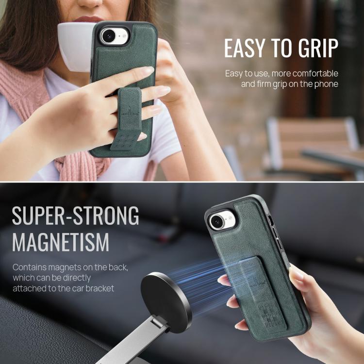 For iPhone 16e Fierre Shann Oil Wax Cow Leather Holder Back Phone Case(Green)