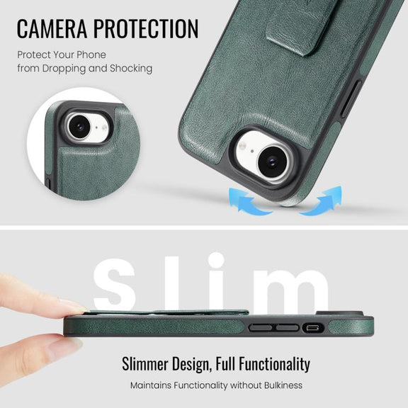 For iPhone 16e Fierre Shann Oil Wax Cow Leather Holder Back Phone Case(Green)