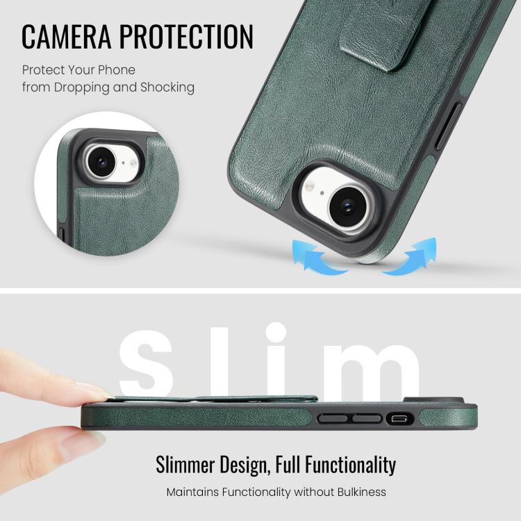 For iPhone 16e Fierre Shann Oil Wax Cow Leather Holder Back Phone Case(Green)