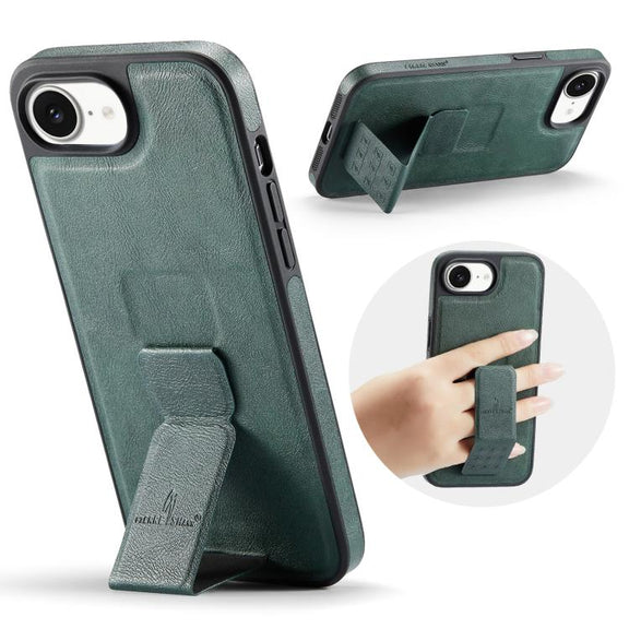 For iPhone 16e Fierre Shann Oil Wax Cow Leather Holder Back Phone Case(Green)