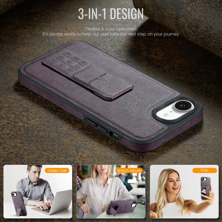 For iPhone 16e Fierre Shann Oil Wax Cow Leather Holder Back Phone Case(Purple)
