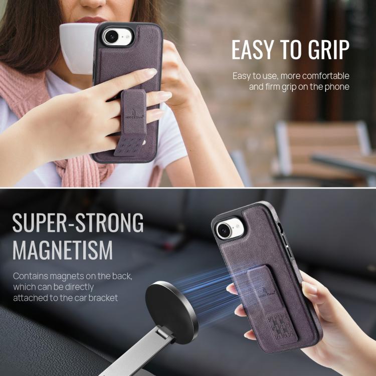 For iPhone 16e Fierre Shann Oil Wax Cow Leather Holder Back Phone Case(Purple)