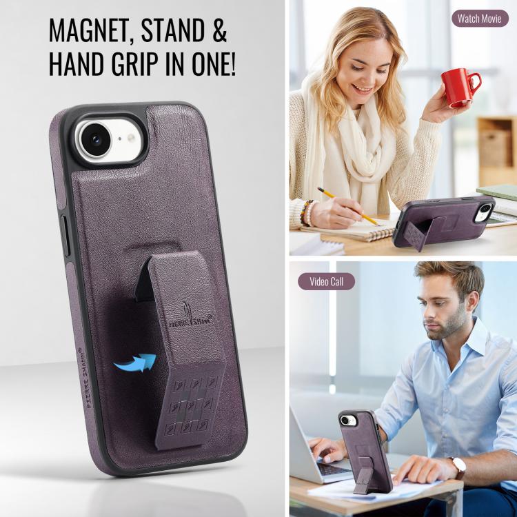 For iPhone 16e Fierre Shann Oil Wax Cow Leather Holder Back Phone Case(Purple)