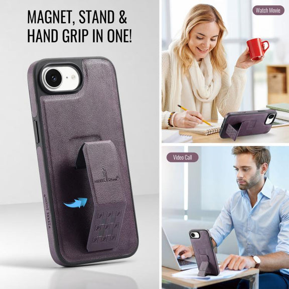 For iPhone 16e Fierre Shann Oil Wax Cow Leather Holder Back Phone Case(Purple)
