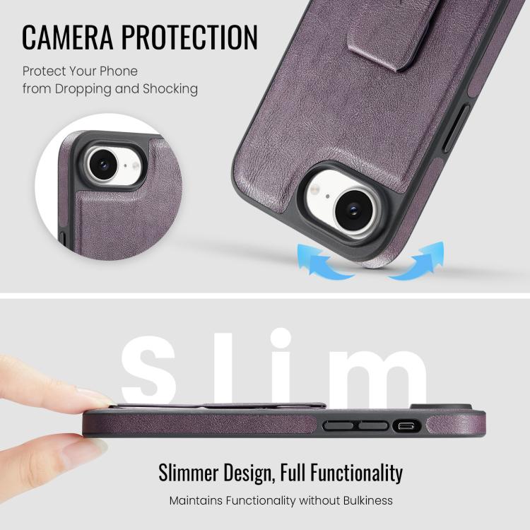 For iPhone 16e Fierre Shann Oil Wax Cow Leather Holder Back Phone Case(Purple)