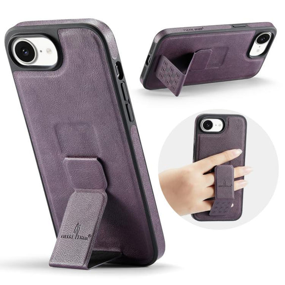 For iPhone 16e Fierre Shann Oil Wax Cow Leather Holder Back Phone Case(Purple)