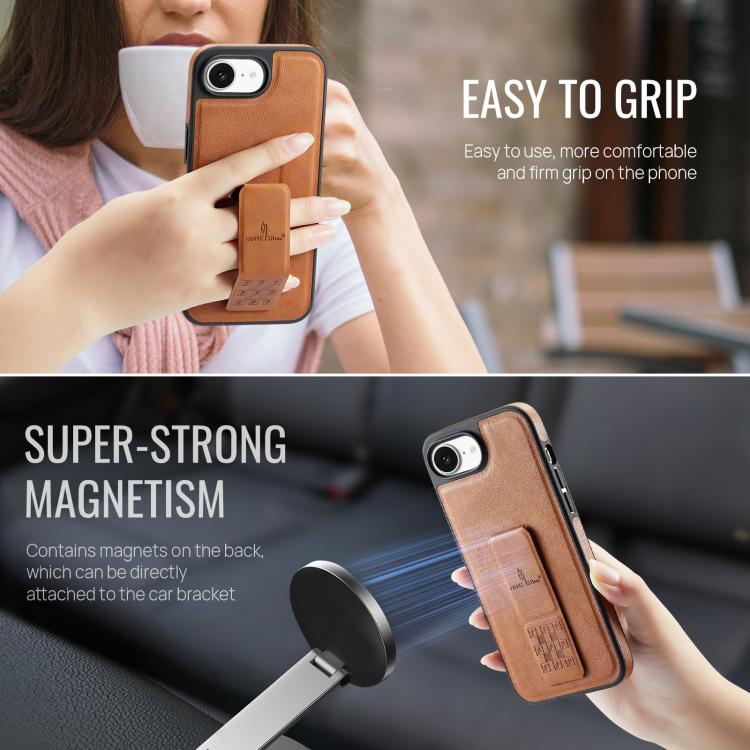 For iPhone 16e Fierre Shann Oil Wax Cow Leather Holder Back Phone Case(Brown)