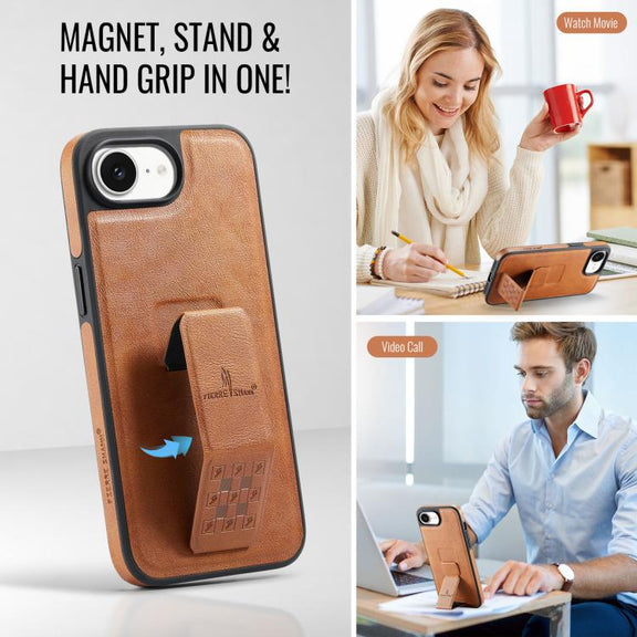 For iPhone 16e Fierre Shann Oil Wax Cow Leather Holder Back Phone Case(Brown)