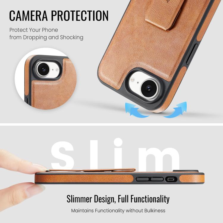 For iPhone 16e Fierre Shann Oil Wax Cow Leather Holder Back Phone Case(Brown)