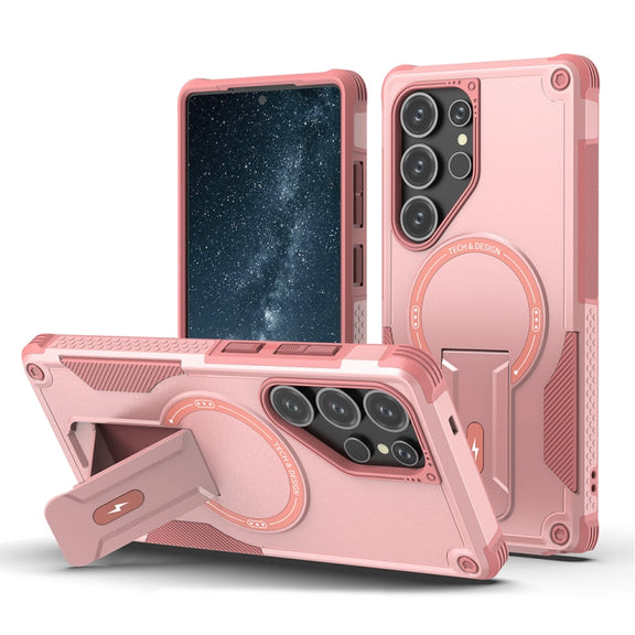 For Samsung Galaxy S25 Ultra 5G Armor MagSafe Holder PC Hybrid TPU Phone Case(Pink)