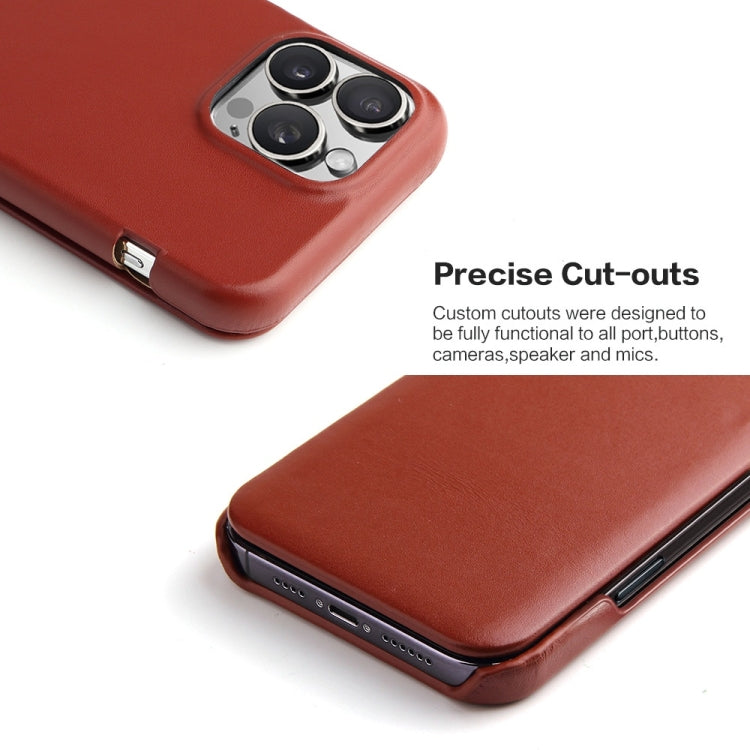 For iPhone 16 Pro Fierre Shann Top Layer Cowhide Business Magnetic Leather Phone Case(Brown)