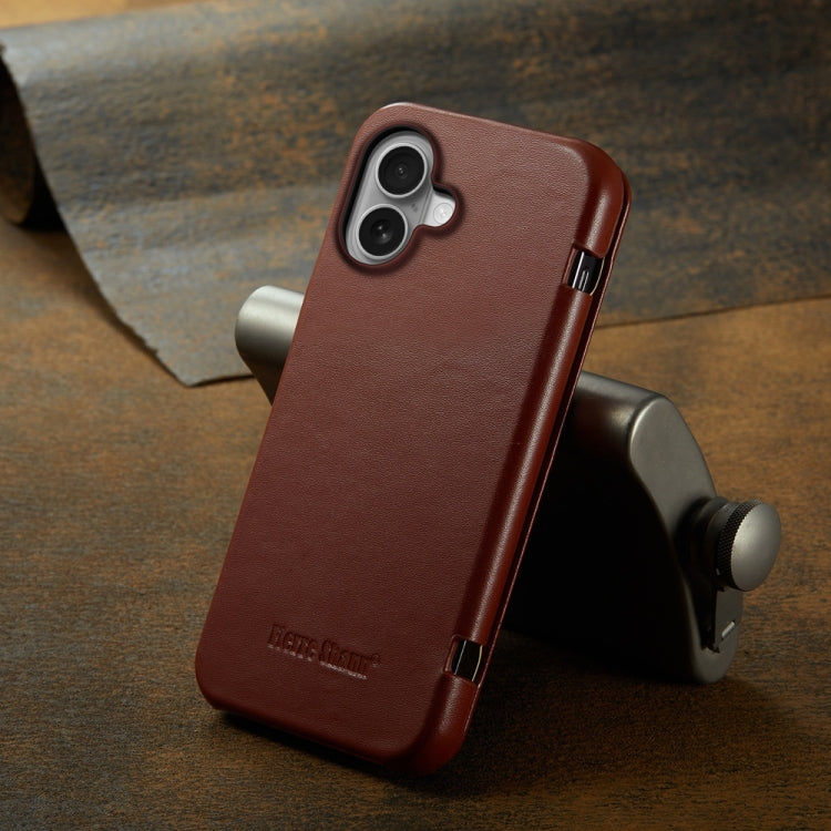 For iPhone 16 Plus Fierre Shann Top Layer Cowhide Business Magnetic Leather Phone Case(Brown)