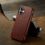 For iPhone 16 Plus Fierre Shann Top Layer Cowhide Business Magnetic Leather Phone Case(Brown)