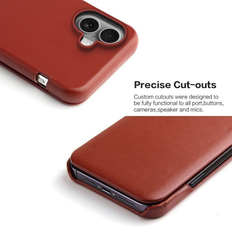 For iPhone 16 Plus Fierre Shann Top Layer Cowhide Business Magnetic Leather Phone Case(Brown)