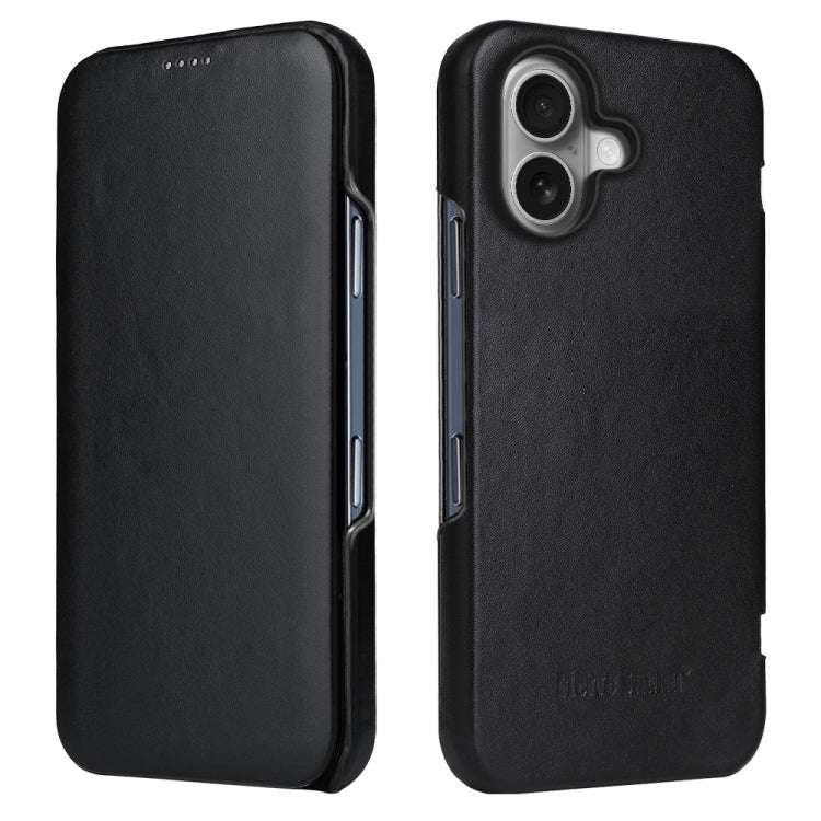 For iPhone 16 Plus Fierre Shann Top Layer Cowhide Business Magnetic Leather Phone Case(Black)