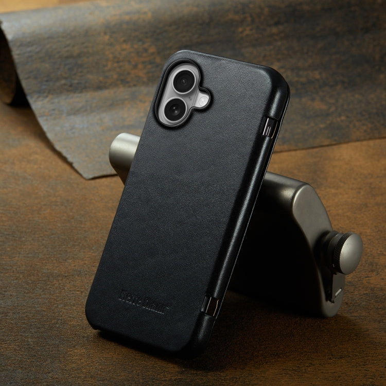 For iPhone 16 Plus Fierre Shann Top Layer Cowhide Business Magnetic Leather Phone Case(Black)