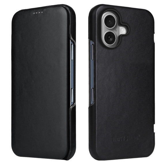 For iPhone 16 Plus Fierre Shann Top Layer Cowhide Business Magnetic Leather Phone Case(Black)