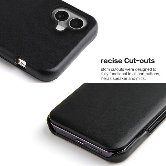 For iPhone 16 Plus Fierre Shann Top Layer Cowhide Business Magnetic Leather Phone Case(Black)