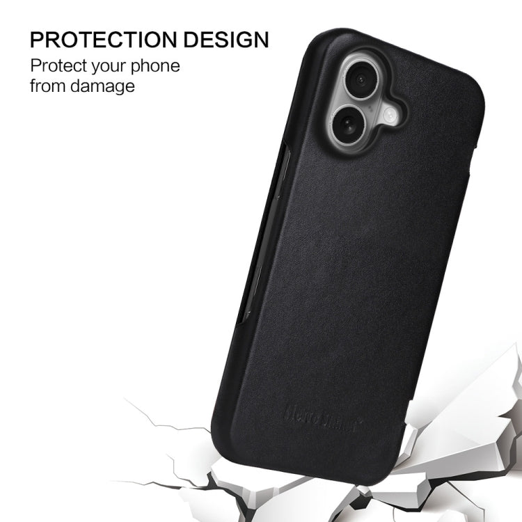 For iPhone 16 Plus Fierre Shann Top Layer Cowhide Business Magnetic Leather Phone Case(Black)