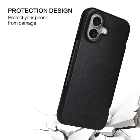 For iPhone 16 Plus Fierre Shann Top Layer Cowhide Business Magnetic Leather Phone Case(Black)