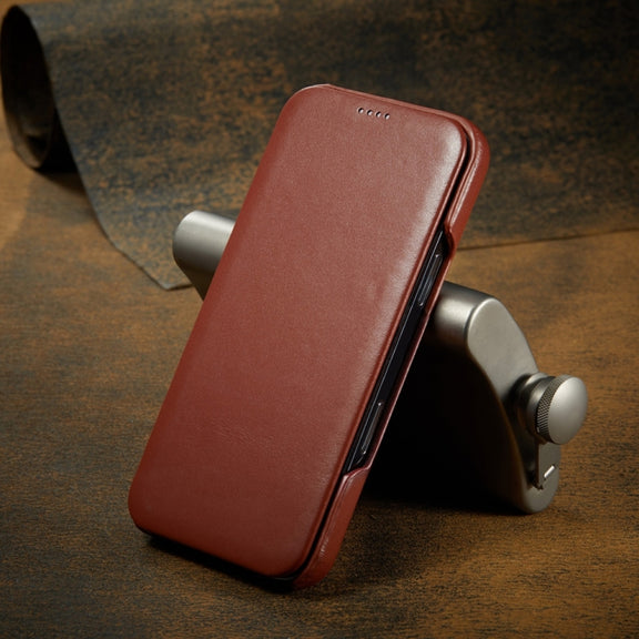For iPhone 16 Fierre Shann Top Layer Cowhide Business Magnetic Leather Phone Case(Brown)