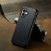 For iPhone 16 Fierre Shann Top Layer Cowhide Business Magnetic Leather Phone Case(Black)