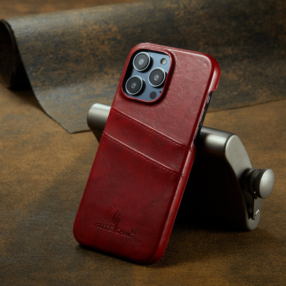 For iPhone 16 Pro Max Fierre Shann Retro Oil Wax Texture Card Slots PU Leather Phone Case(Red)