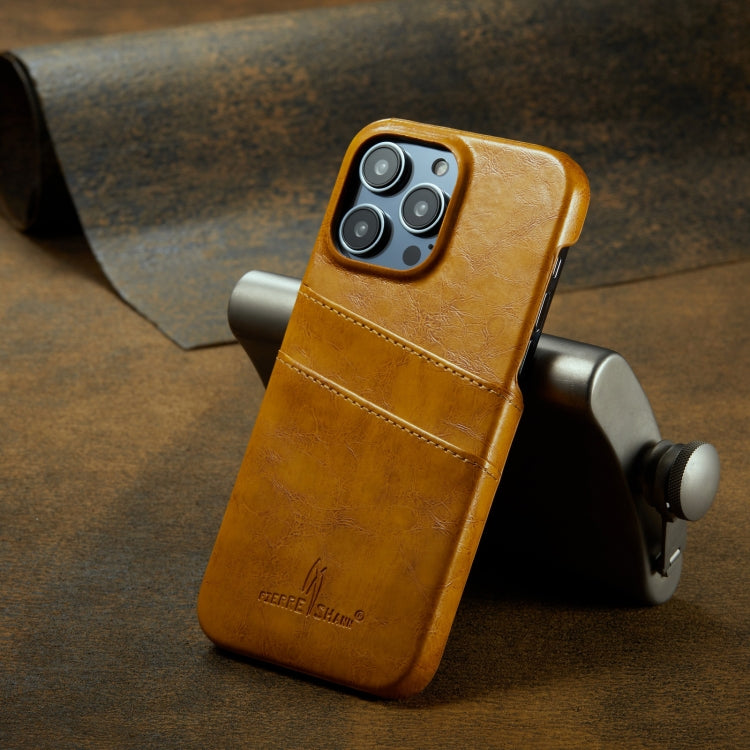 For iPhone 16 Pro Max Fierre Shann Retro Oil Wax Texture Card Slots PU Leather Phone Case(Yellow)