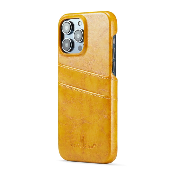 For iPhone 16 Pro Max Fierre Shann Retro Oil Wax Texture Card Slots PU Leather Phone Case(Yellow)