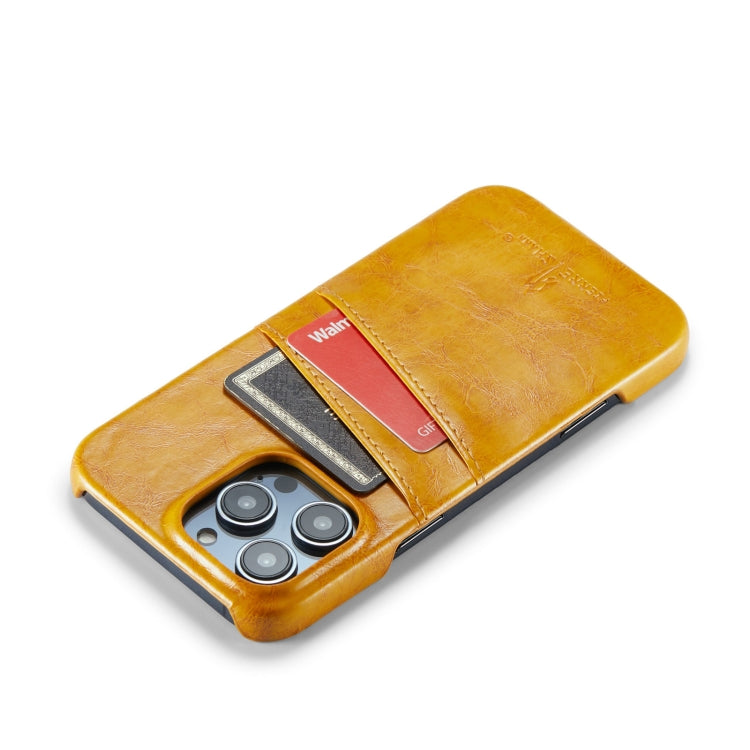 For iPhone 16 Pro Max Fierre Shann Retro Oil Wax Texture Card Slots PU Leather Phone Case(Yellow)