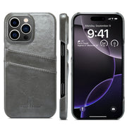 For iPhone 16 Pro Max Fierre Shann Retro Oil Wax Texture Card Slots PU Leather Phone Case(Grey)