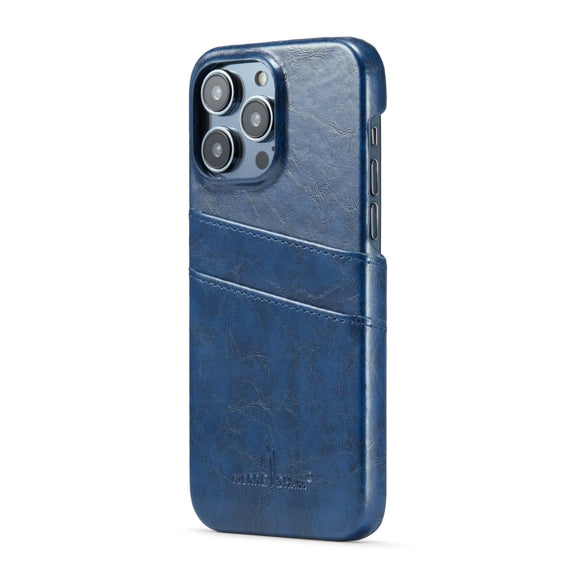 For iPhone 16 Pro Max Fierre Shann Retro Oil Wax Texture Card Slots PU Leather Phone Case(Blue)