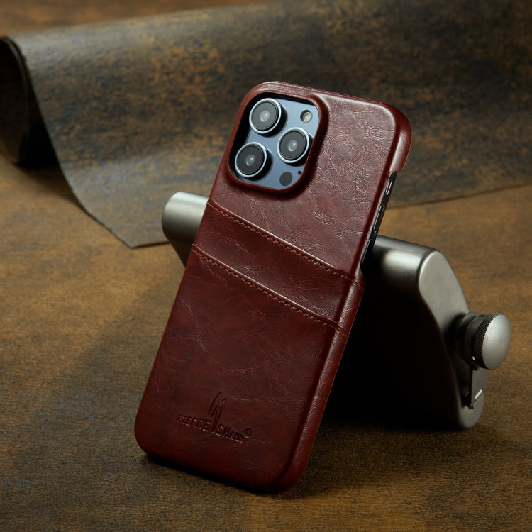For iPhone 16 Pro Max Fierre Shann Retro Oil Wax Texture Card Slots PU Leather Phone Case(Brown)