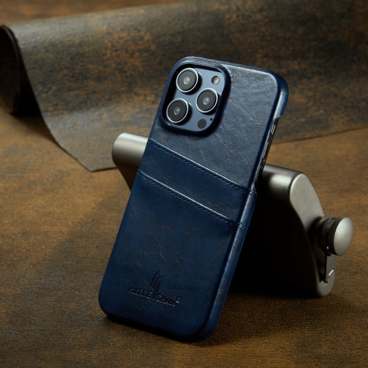 For iPhone 16 Pro Fierre Shann Retro Oil Wax Texture Card Slots PU Leather Phone Case(Blue)