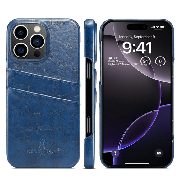 For iPhone 16 Pro Fierre Shann Retro Oil Wax Texture Card Slots PU Leather Phone Case(Blue)