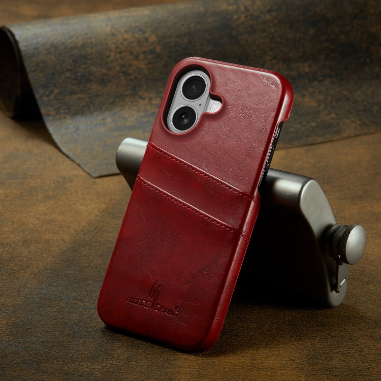For iPhone 16 Plus Fierre Shann Retro Oil Wax Texture Card Slots PU Leather Phone Case(Red)