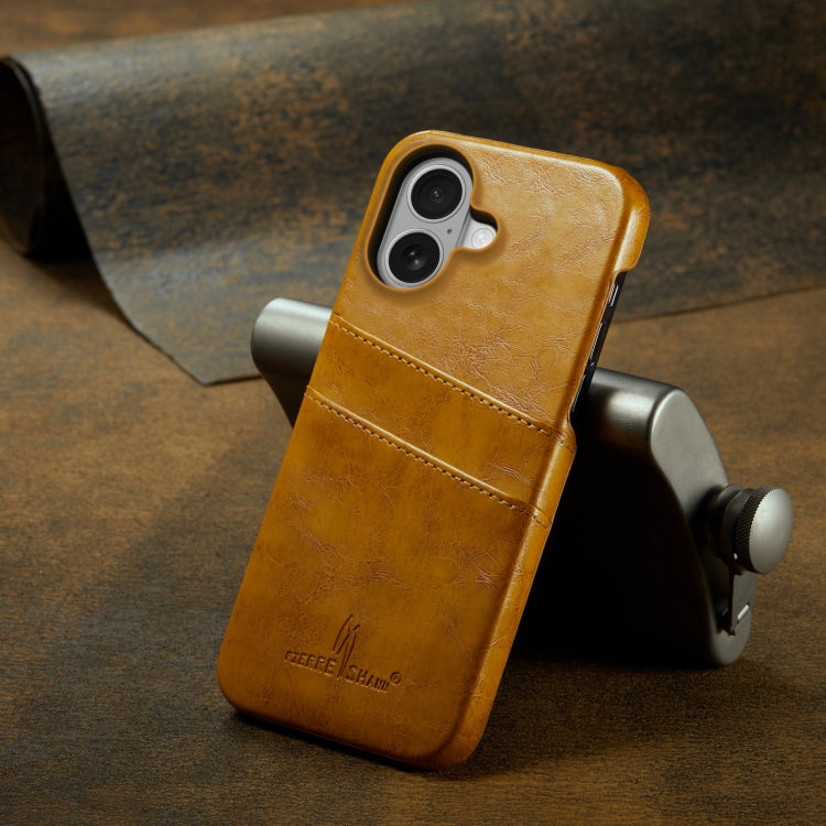 For iPhone 16 Plus Fierre Shann Retro Oil Wax Texture Card Slots PU Leather Phone Case(Yellow)