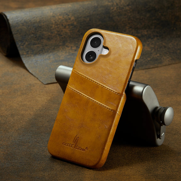 For iPhone 16 Plus Fierre Shann Retro Oil Wax Texture Card Slots PU Leather Phone Case(Yellow)