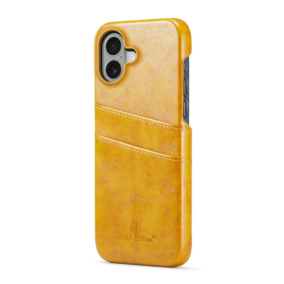 For iPhone 16 Plus Fierre Shann Retro Oil Wax Texture Card Slots PU Leather Phone Case(Yellow)