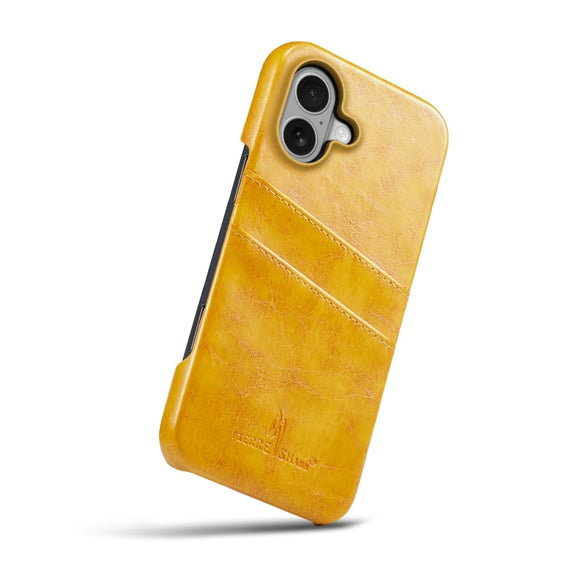 For iPhone 16 Plus Fierre Shann Retro Oil Wax Texture Card Slots PU Leather Phone Case(Yellow)