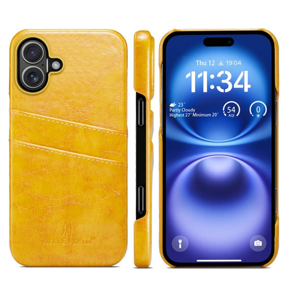 For iPhone 16 Plus Fierre Shann Retro Oil Wax Texture Card Slots PU Leather Phone Case(Yellow)