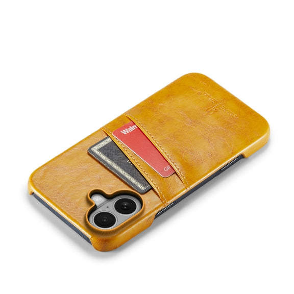 For iPhone 16 Plus Fierre Shann Retro Oil Wax Texture Card Slots PU Leather Phone Case(Yellow)