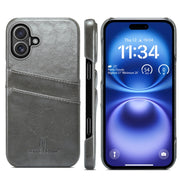 For iPhone 16 Plus Fierre Shann Retro Oil Wax Texture Card Slots PU Leather Phone Case(Grey)