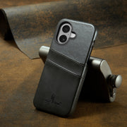 For iPhone 16 Plus Fierre Shann Retro Oil Wax Texture Card Slots PU Leather Phone Case(Grey)
