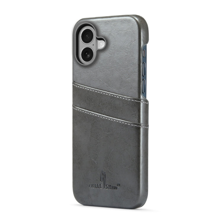 For iPhone 16 Plus Fierre Shann Retro Oil Wax Texture Card Slots PU Leather Phone Case(Grey)