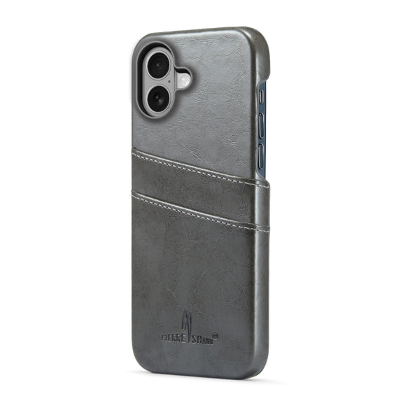 For iPhone 16 Plus Fierre Shann Retro Oil Wax Texture Card Slots PU Leather Phone Case(Grey)