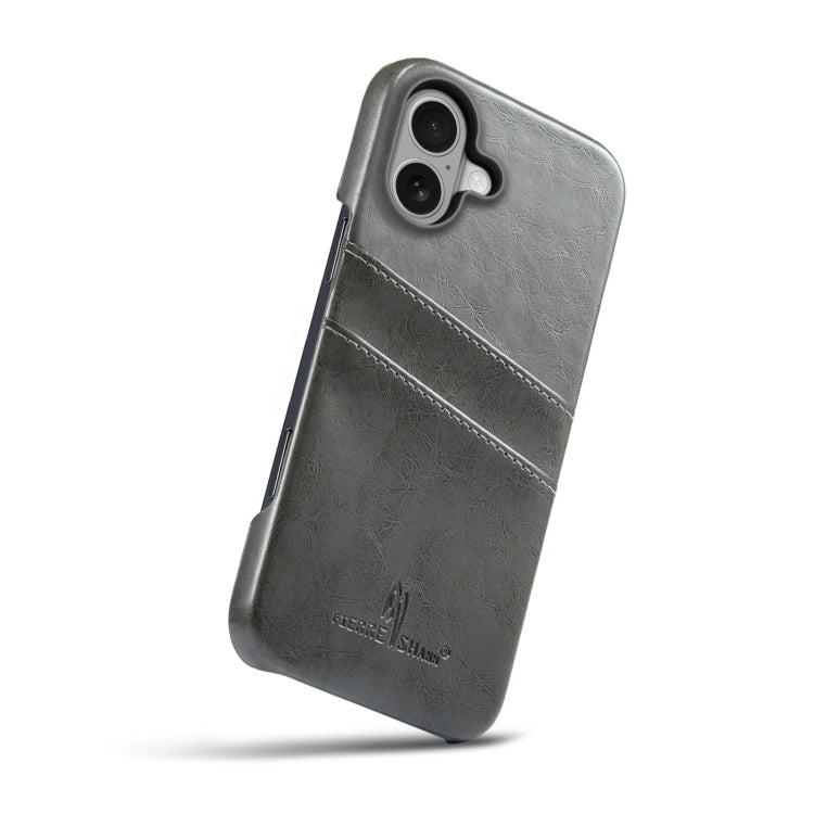 For iPhone 16 Plus Fierre Shann Retro Oil Wax Texture Card Slots PU Leather Phone Case(Grey)