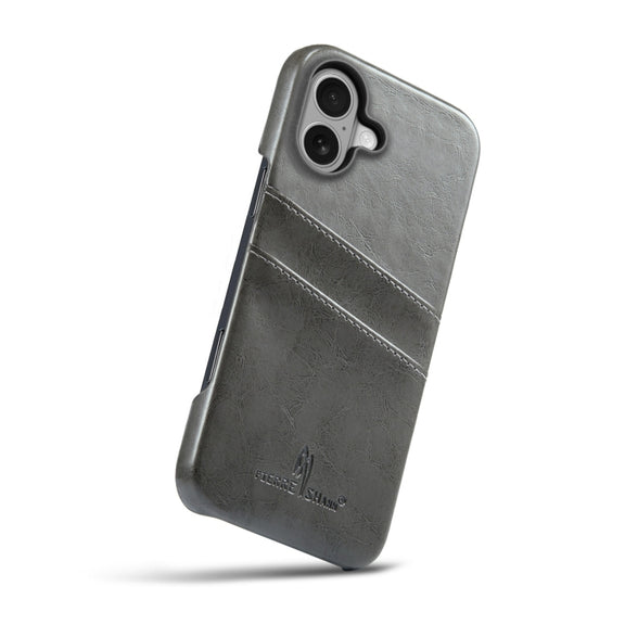 For iPhone 16 Plus Fierre Shann Retro Oil Wax Texture Card Slots PU Leather Phone Case(Grey)