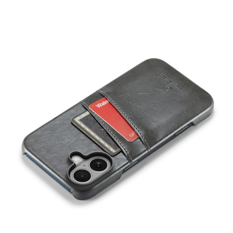 For iPhone 16 Plus Fierre Shann Retro Oil Wax Texture Card Slots PU Leather Phone Case(Grey)